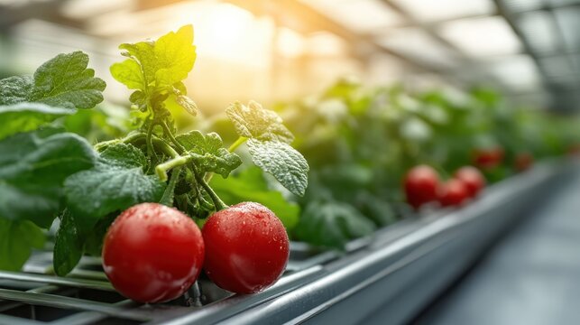 A close-up view of ripe tomatoes growing on a vine in a sunlit greenhouse, representing agricultural abundance and the importance of fresh produce in healthy living.