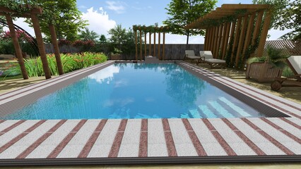 3d image of the landscape design of the home territory. Landscaping of the territory. Computer visualization of composite landscaping and landscaping solutions. 