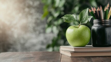 A vibrant green apple sits beside art supplies on a rustic wooden desk, symbolizing creativity, knowledge, and the refreshing essence of studying and artistic exploration.
