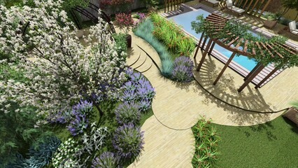 3d image of the landscape design of the home territory. Landscaping of the territory. Computer visualization of composite landscaping and landscaping solutions. 
