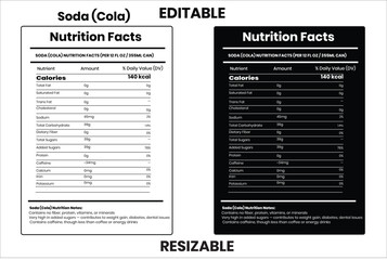 Soda (Cola),nutrition facts, nutrition, nutrition label, calories in food, nutrition info, supplement facts, vector template