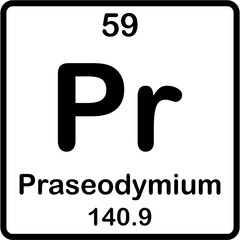 Chemical element of periodic table. Praseodymium or Pr. 