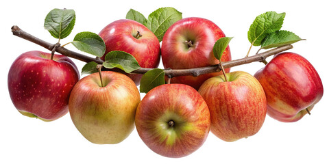 Beautiful assortment of fresh apples on a branch with green leaves isolated