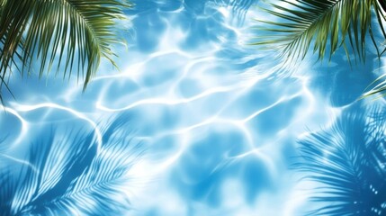 A clear blue pool water surface with light reflections and shadows of palm leaves creating a tropical, relaxing atmosphere.