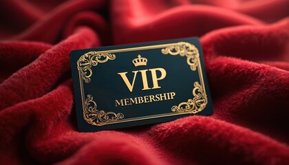 Luxurious VIP membership card on plush velvet background. Gold lettering, intricate designs, crown graphic. Symbol of premium service, exclusivity. Ideal for business promotions, branding, elite
