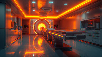 Sci-fi style MRI room with glowing orange neon lights and futuristic scanning bed. High-tech medical imaging environment for film, editorial, or conceptual healthcare use.