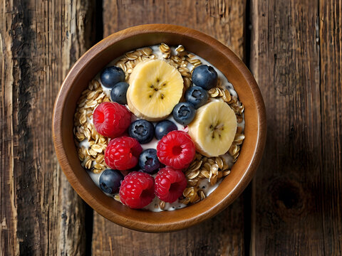 Top-View of Healthy Breakfast Bowl with Mixed Berries, Banana, Oats, and Chia Seeds on Rustic Wooden Table