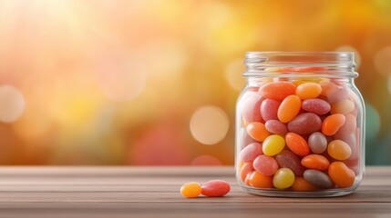 A transparent jar filled with vibrant jelly beans illustrates a delightful collection of colorful candies, ready to attract candy lovers with its eye-catching allure.