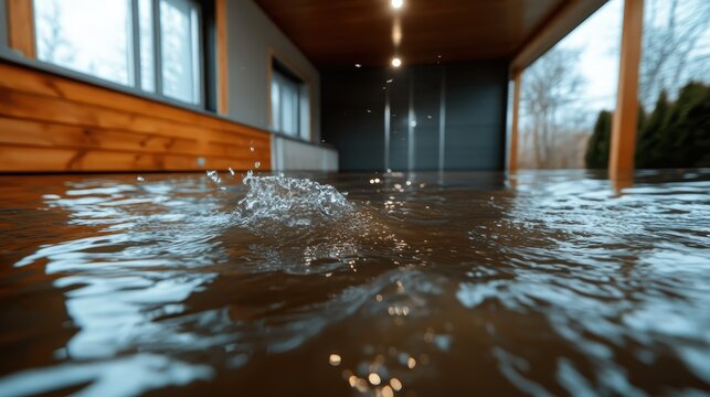 A close-up view of water flooding a sleek modern interior, capturing the impact of heavy rainfall and the urgent need for water management solutions in contemporary spaces.