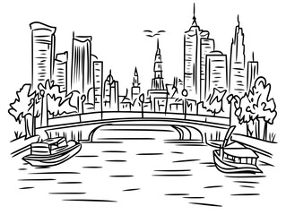 Obraz premium new york city skyline with bridge and boats illustration