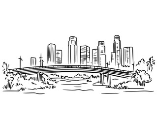 Naklejka premium modern city skyline with bridge hand drawn sketch