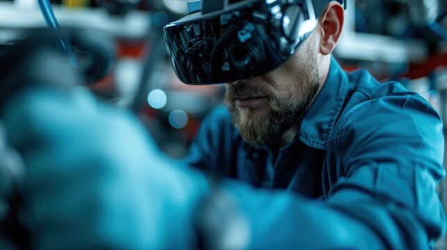 A focused individual wearing a VR headset in a workshop, engaging with virtual reality technology, representing innovation and the future of interactive experiences in hands-on tasks.
