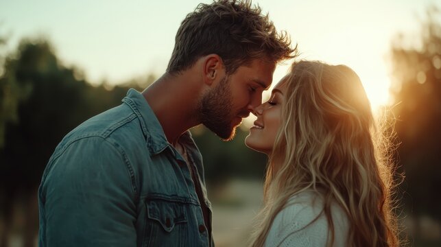 A loving couple shares a tender moment while facing each other against a beautiful sunset background, capturing the essence of romance and connection in nature's embrace.