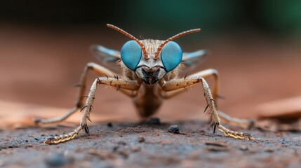 Fototapeta premium A detailed close-up of a vibrant insect showcasing its intricate features, including large blue eyes and delicate antennae, emphasizing nature's beauty and complexity.