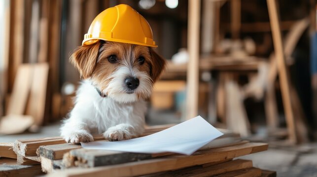 An adorable dog wearing a bright yellow hard hat sits attentively on wooden planks at a construction site, evoking a sense of playfulness and charm in a working environment.