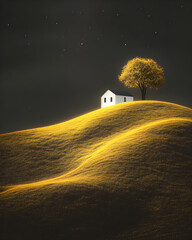 high quality image of dreamlike solitary tree and white house on golden hills ethereal glow ultra hd 8k vibrant bright vivid color simple clean design stock photo easy to understand visual art        