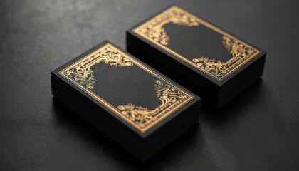 Elegant black business cards with gold pattern design on a dark table. Sleek, sophisticated, modern branding. Perfect for high-end businesses. Corporate identity for professionals. Luxury aesthetic.