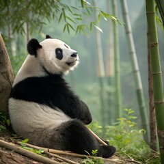 Obraz premium Giant Panda Sitting in Bamboo Forest Looking Up