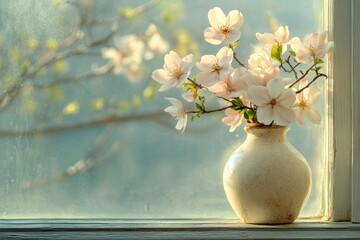 Delicate spring blossoms in a vase by a sunlit window, serene and peaceful.