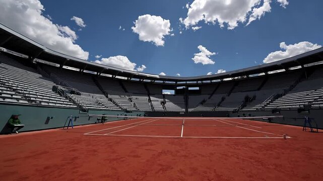 Empty stadium stands bathed in sunlight, Roland Garros tennis venue revealing vacant Philippe Chatrier court during Grand Slam season