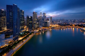 Obraz premium A highangle shot of Singapores skyline at dusk featuring illuminated skyscrapers reflecting off a body of water
