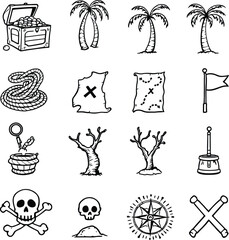 Obraz premium Black-and-White Vector Illustrations of Pirate-Themed Adventure Icons – Treasure Maps, Skulls, and Nautical Motifs