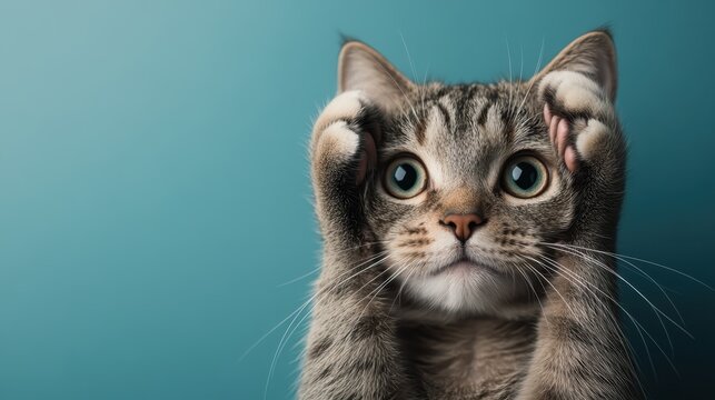 This adorable cat appears surprised, displaying wide eyes and a cute expression against a soft blue background, making it a perfect image for pet lovers and cat enthusiasts.