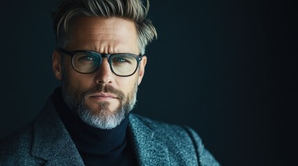 A confident middle-aged man with stylish glasses and a well-groomed beard, exudes seriousness and sophistication against a minimalistic dark background.