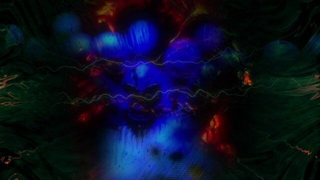 Dark Abstract Energy Waves with a Mystic Face and Colorful Light Effects