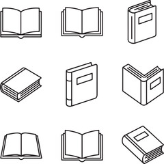 Nine Simple Line Drawings of Books Open and Closed in Various Angles and Perspectives Black and White Book Icons Set for Education Reading