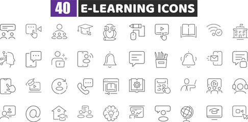 E-learning Line Icon Set | Vector Symbols for Online Education, Courses, and Webinars