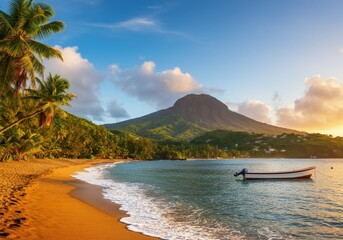 Tropical Summer Beach with Palm Trees, Clear Water, and Mountain View.