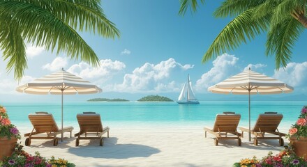 Tropical Summer Beach with Umbrellas, Lounge Chairs, and Sailboat View.