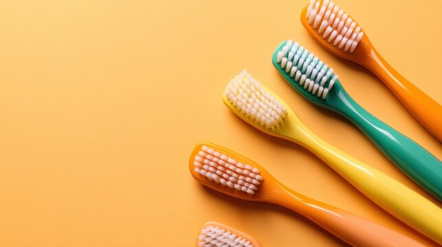 A vibrant array of colorful toothbrushes laid out on a bright yellow background, capturing attention and promoting dental hygiene in a playful and attractive way.