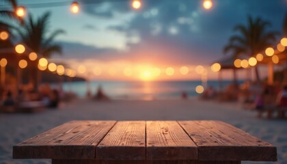 Wooden table top product display stage on blurred beach background in evening. Warm city lights with bokeh. Empty desk for product placement. Promote cosmetic perfume. Nightlife at seaside bar cafe.