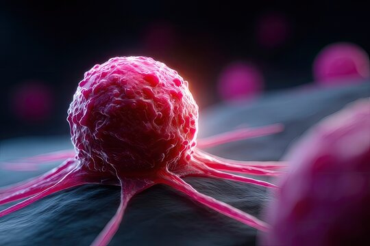 A magnified pink cancer cell attached with tendrils on a surface against a dark backdrop with other blurry cells in the distance