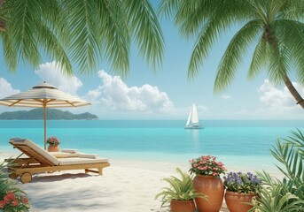Tropical Summer Beach with Umbrellas, Lounge Chairs, and Sailboat View.