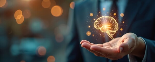 Person in suit holds glowing brain hologram. Brainstorming, idea, knowledge sharing, strategy concept. Imagination, inspiration for business, creative tech. Innovation, solution, transformation.