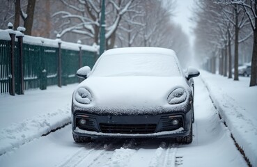 Snow-covered car parked street. Heavy snowfall on car, road, sidewalk, tree branches. Winter weather in city. Cold, white, season. Automotive, transportation, urban scene, snowstorm concept.