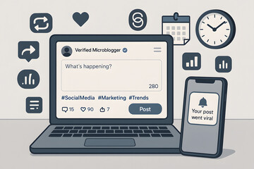 Social Media Post Going Viral on Laptop and Phone Illustration