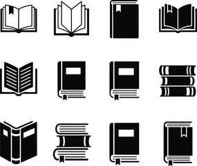 Twelve Black and White Book Icons Open Closed Stacked with Bookmarks Simple Graphic Design Elements for Reading Literature Education Library