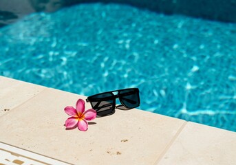 Summer Poolside Vibes with Sunglasses and Tropical Flower.