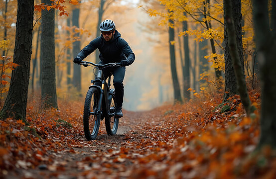 Cyclist rides electric mountain bike along forest trail. Autumn scenery, fall colors, falling leaves. Active healthy lifestyle, e-bike, eco transport, outdoor adventure.