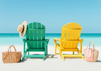 Colorful Beach Chairs on White Sand by Turquoise Sea – Perfect Summer Escape.