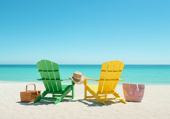Colorful Beach Chairs on White Sand by Turquoise Sea – Perfect Summer Escape.
