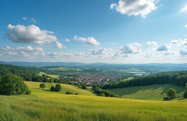 Fototapeta premium Pays dArgonne countryside landscape, village between hills under blue summer sky. Panorama shows hills, fields, trees, town with architecture. Beautiful scenery in France, Europe. Summer travel.