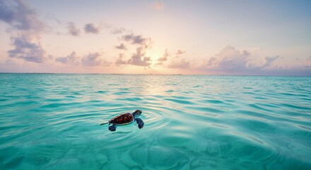 Sea Turtle Swimming in Tropical Ocean at Sunset – Peaceful Summer Seascape.