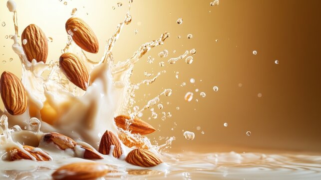 An artistic splash of almonds colliding with creamy milk creates a dynamic visual, illustrating the essence of flavor and freshness in food photography with elegance and energy.