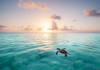 Sea Turtle Swimming in Tropical Ocean at Sunset – Peaceful Summer Seascape.