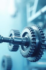 Industrial gears in manufacturing facility. Mechanical parts with blue background. Technology, engineering concept of industry with metal gear wheels. Automation, engineering, innovation, modern